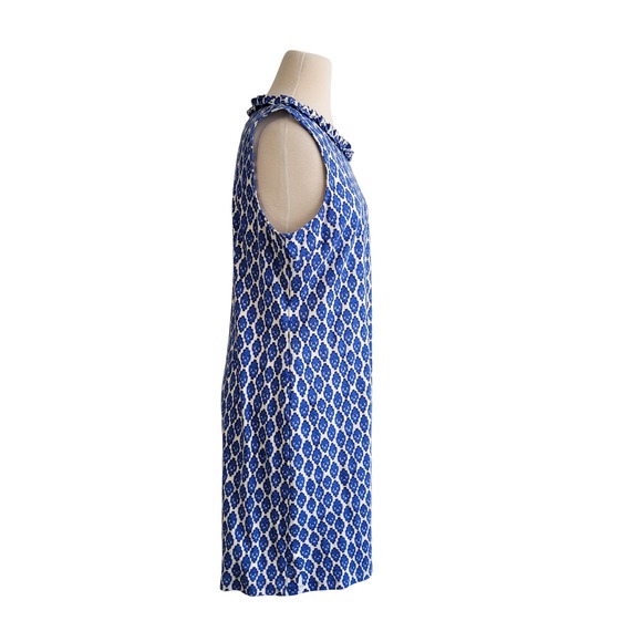 Talbots Petite XL Blue White Geo Ruffle Neck Cotton Shift Dress NWT Knee Length - Picture 7 of 11